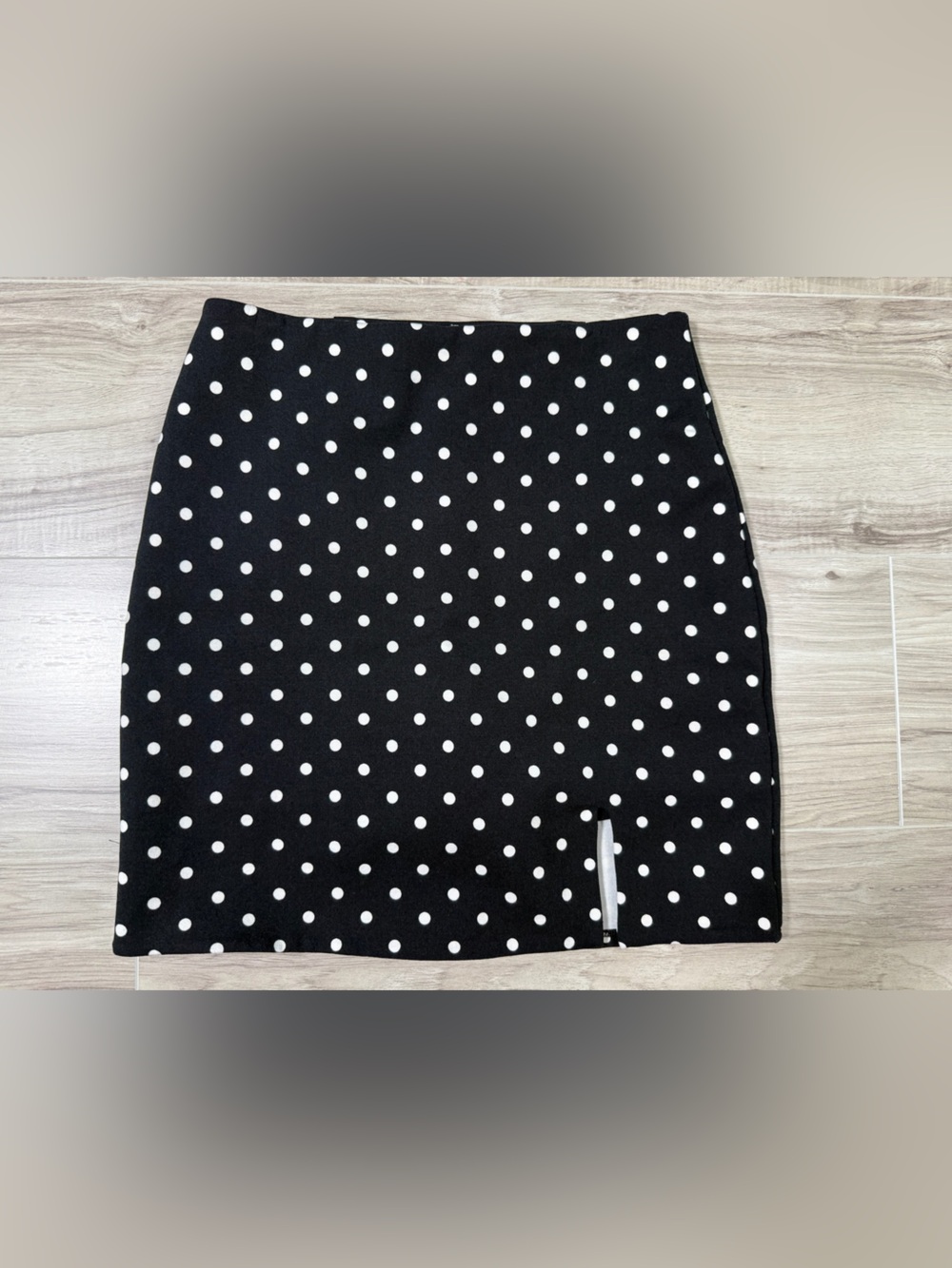 NWOT Black Polka Dot Mini Skirt with Subtle Front Slit